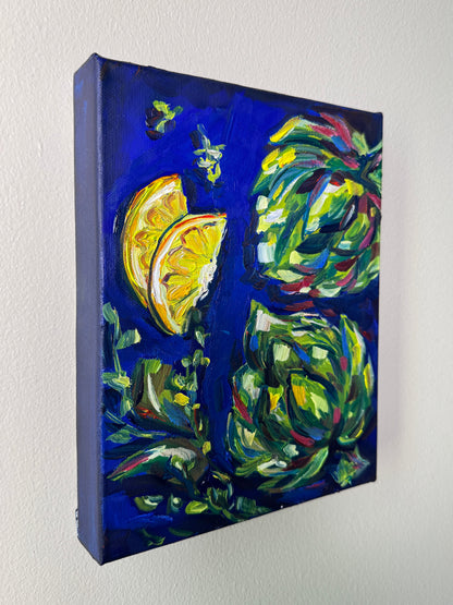 Artichokes on Blue, 8x10 Inch Original