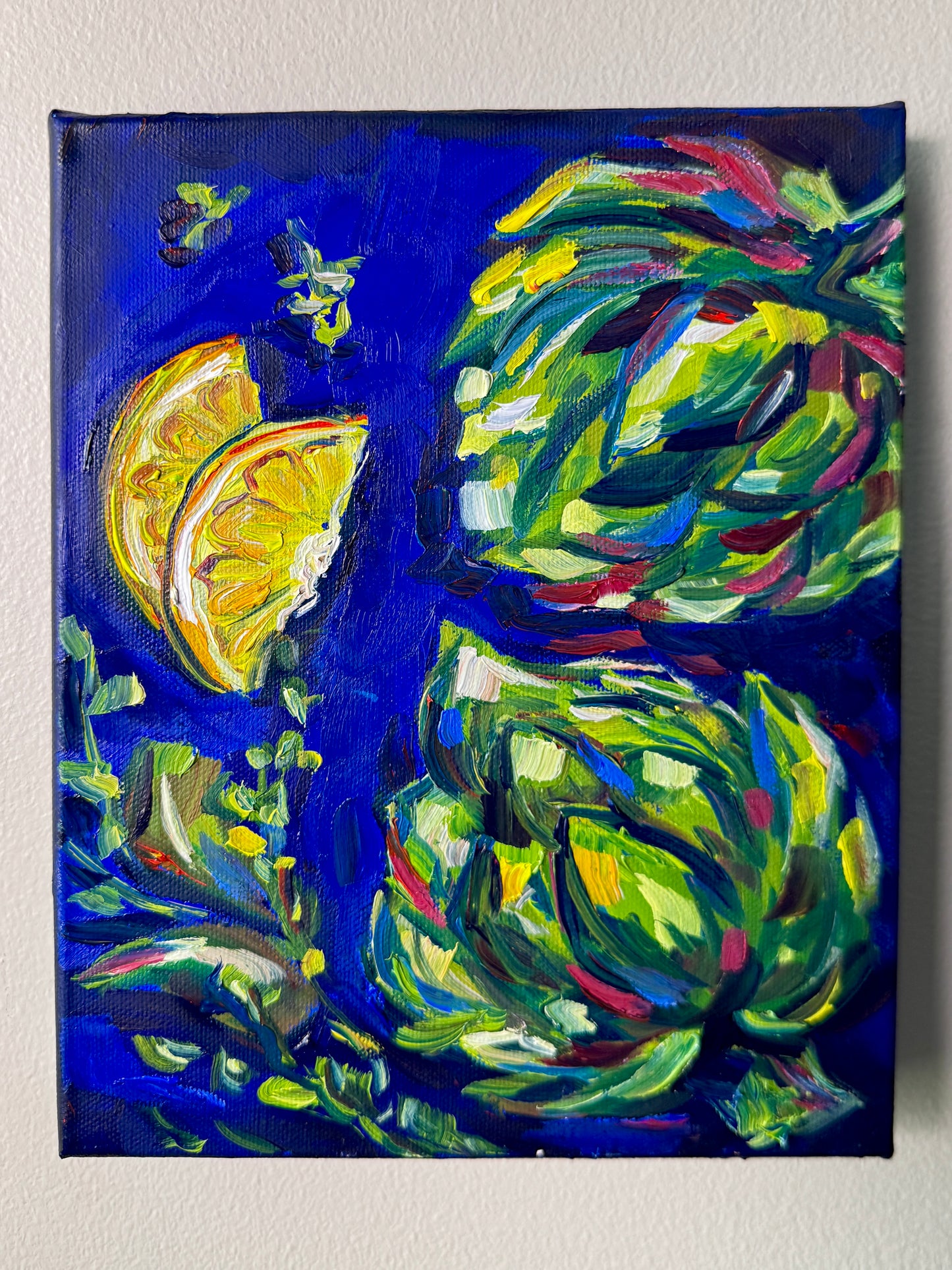 Artichokes on Blue, 8x10 Inch Original