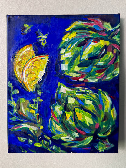 Artichokes on Blue, 8x10 Inch Original
