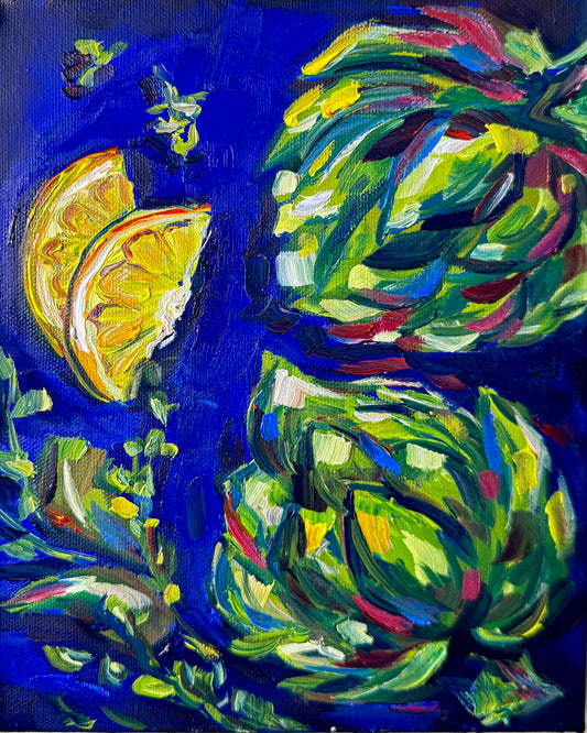 Artichokes on Blue, 8x10 Inch Original