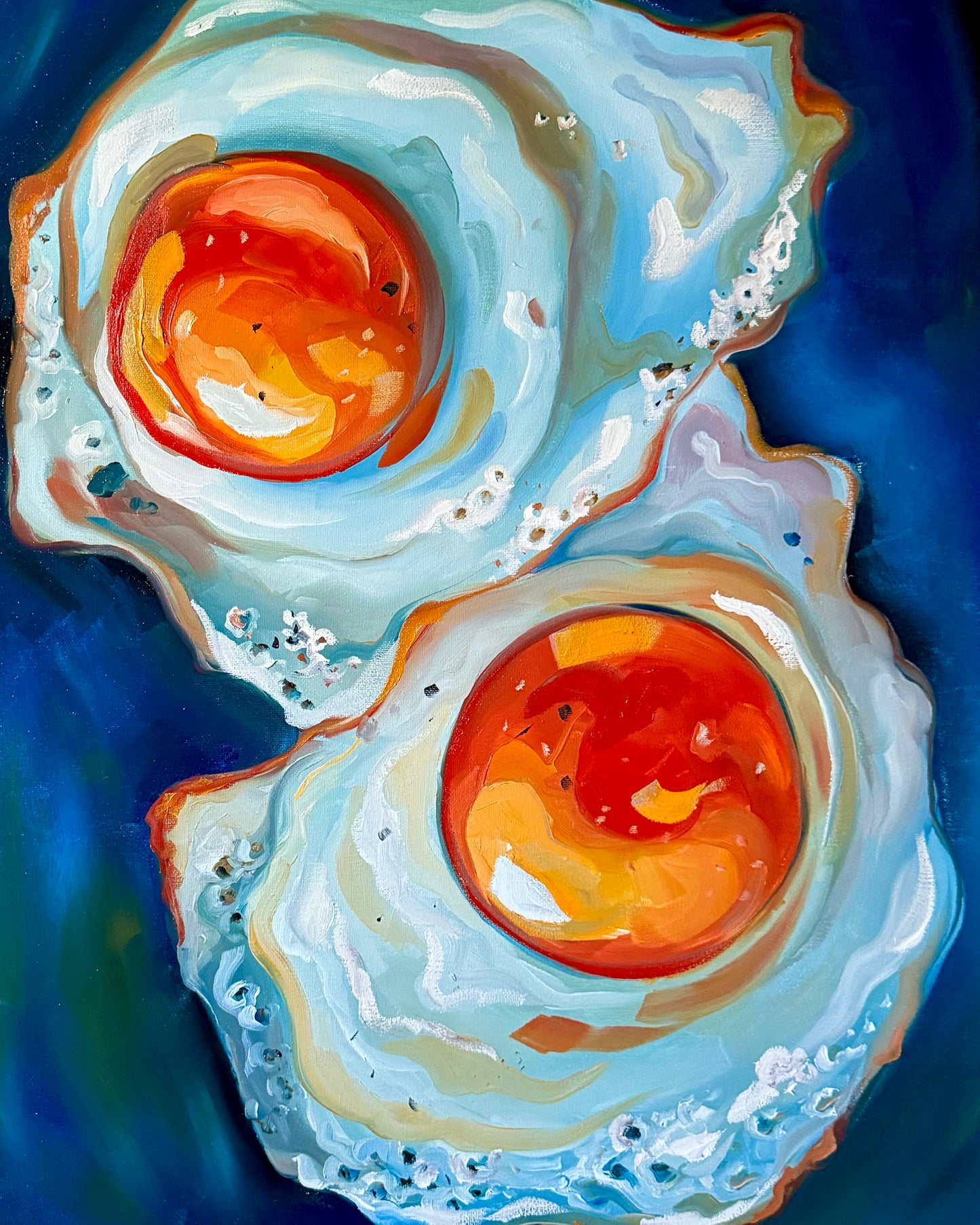 Two Eggs on Dark Blue Print